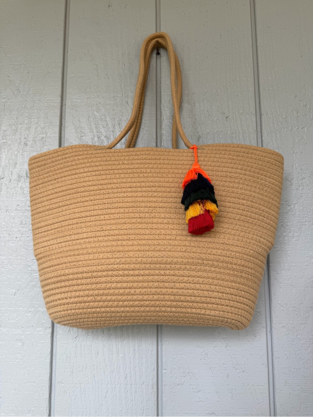 Neutral boho Tan Woven summer Tote beach Bag with Colorful Tassel - New